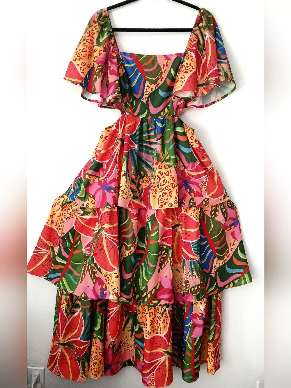 Bold TROPICAL Fruit Print DE JANEIRO Resort Tiered MAXI Vacation DRESS Size L